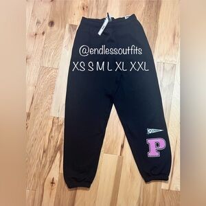 VICTORIAS SECRET PINK BLACK CAMPUS JOGGER SWEATPANTS WITH PINK & GREEN LOGOS